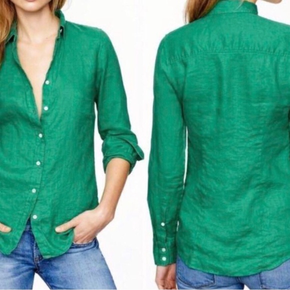 J. Crew Olive Green 100% Linen Women’s Shirt Button Down Size 0 Long Sleeve - Picture 3 of 12